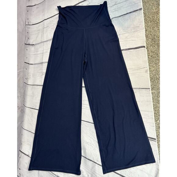 NAVY Pants - PureLuxe High Waisted Foldover Pants Women M Navy Wide Leg Yoga Lounge NWT